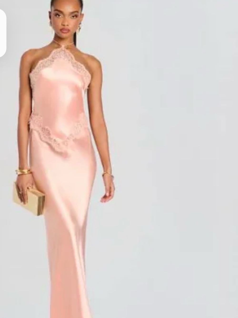 Retrofete Satin Lace-Trim Halter Gown in Blush Pink
